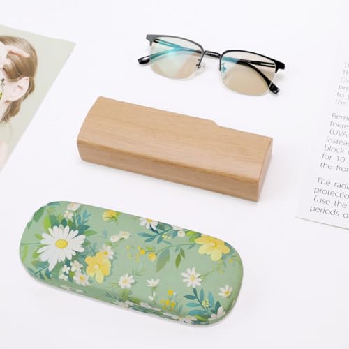 PERFECTSIGHT Hard Shell Eyeglasses Case, PU Leather Protective Glasses Case, Cute Eyeglass Case for Women Men Girls - color: Green Daisy