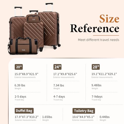 Luggage Sets,5 Piece (20"/24"/28"/DB/TB) dark brown | Suitcases with Wheels, ABS Hard Case,Spinner Wheels, Carry on Luggage Set - color: TeaBrown