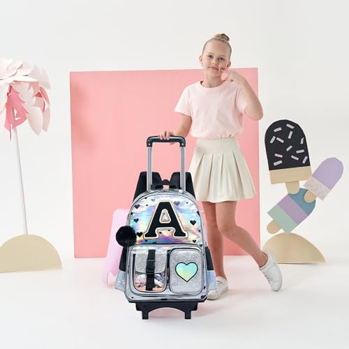 HTgroce Cute Rolling Backpack with Wheel,School Backpack for Kids Girl Roller Schoolbag Wheeled Backpacks Set Carry-on Luggage,Initial A - color: Silver, style: A