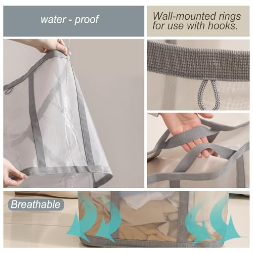 Mesh Bag with Handles, Collapsible Laundry Basket, Foldable Laundry Bag, Breathable Folding Beach Bag,Space-saving Travel Tote Bags (2, Black) - color: Black