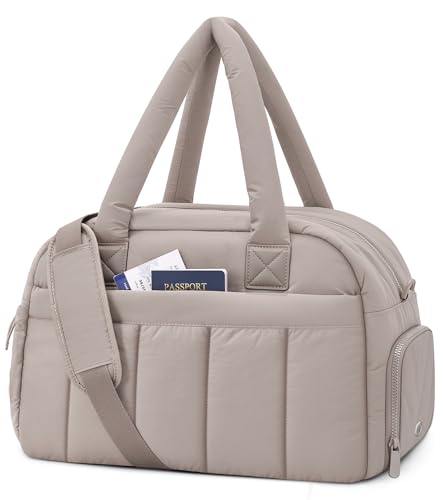 oscaurt Gym Bag for Women Puffer Duffle Bag for Travel Water Resistant Carry On Weekender Overnight Duffel Dance Bag with Shoe Compartment - color: Camel