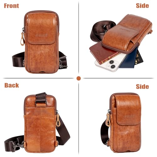 Small Crossbody Bag for Men Women - Genuine Leather Mini Sling Bag with Charging Port - color: Brown