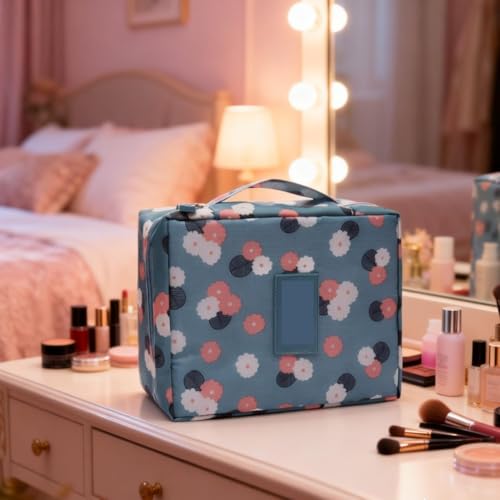 1-Pcs Square Cosmetic Bag, Floral Print, Top-Handle Makeup Pouch, Blue