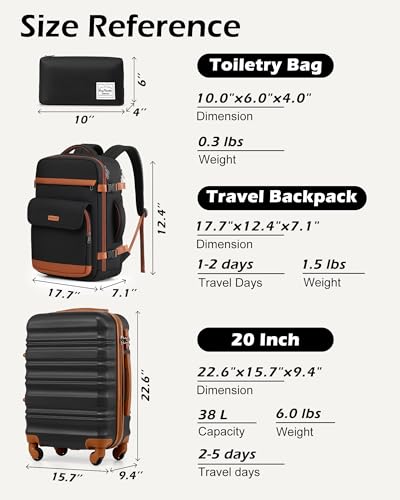 LONG VACATION Luggage Sets, 3 Piece, 20 Inch Carry On Hardshell Suitcase - color: BLACK-BROWN, size: 3-Piece Set (20-Inch BP-2/TB)