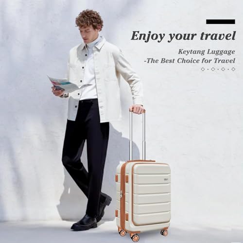KEYTANG SmileLine 20 inch Carry-On, Lightweight Hardside Suitcase, Expandable Small Suitcase with Front Pocket, WhiteBrown - color: White-Brown, size: 666-Carry-on