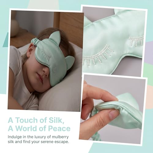 Kids Sleep Mask, 100% Mulberry Silk Eye Cover for Sleeping, Green - color: Green Kitten