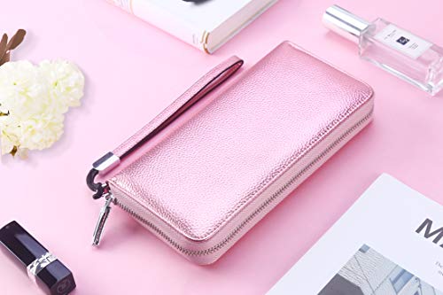 Lavemi Women's RFID Blocking 100% Leather Large Capacity Zip Around Wallet Phone Holder Clutch Travel Purse Wristlet(Large Size Pebbled Rose Gold) - color: 1- Pebbled Rose Gold, size: One Size