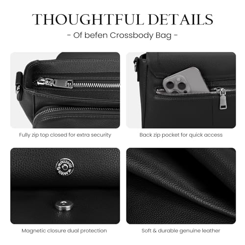 befen Genuine Leather Medium Crossbody Bags for Women Saddle Bag Purse - color: Black