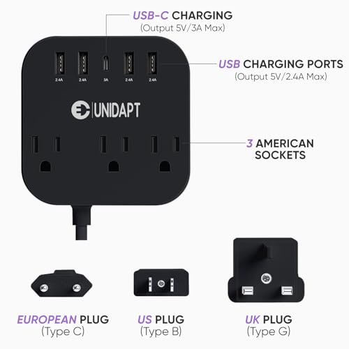 Unidapt UK Ireland Travel Plug Adapter, US to Europe Power Strip, Black