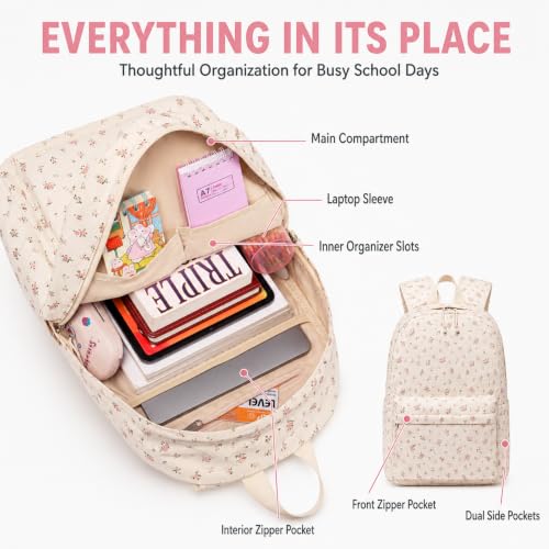 CAMTOP Girls Backpack with Lunch Box Set, Cute Bow School Backpack for Kids, 3-in-1 Lightweight Lunch Bag and Pencil Pouch - color: Flower-beige