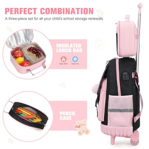 Bevalsa Rolling Backpack for Girls, 3PCS Roller School Backpack Set - color: Black Pink