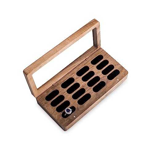Luxury Solid Wood Ring Box with Glass Window Storage 16 Ring Holes - color: 16 Slots
