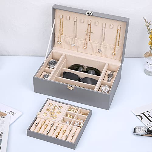 LANDICI 2-Layer Jewelry Box with 4 Watch Slots, Coffee - color: Grey