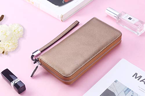Lavemi Women's RFID Blocking 100% Leather Large Capacity Zip Around Wallet Phone Holder Clutch Travel Purse Wristlet(Large Size Pebbled Brown Gold) - color: 1- Pebbled Brown Gold, size: One Size