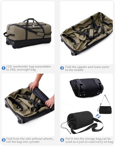 Rolling Duffle Bag with Wheels,110L/140L Expandable Soft-Sided Foldable Duffle Bag with 2 Rubber Wheels,Packable 32” Rolling Carry-On with Pockets & Compartments (Green) - color: Green