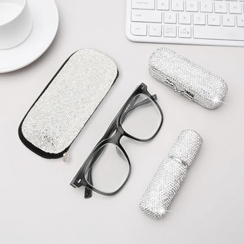 Sparkly Rhinestone Eyeglasses Case Bling Diamond Hard Shell Eyeglasses Protective Cases for Sunglasses - color: Zipper-white