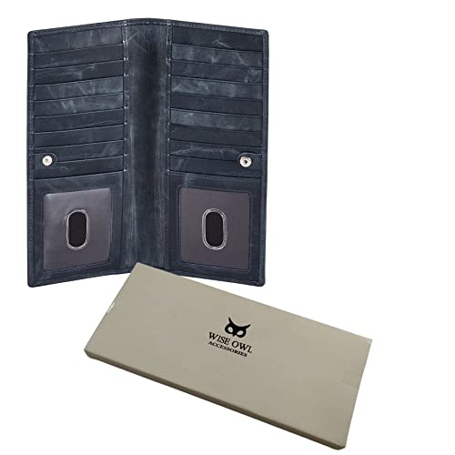 Long Wallet for Men Women Leather Slim Bifold RFID Blocking Card Holder | Real Top Grain Leather, Stylish 18 Credit Card Slots, 2 ID Windows, 2 Currency Sleeves, Gift Box, (Navy, Wax Pull Up) - color: Navy Wax Pull Up