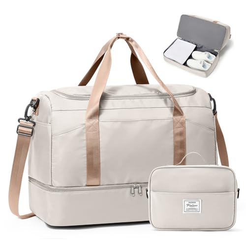 Large Travel Duffle Bag,Carry-on Overnight Weekender Bags for Women - color: Beige & Brown with Toiletry Bag
