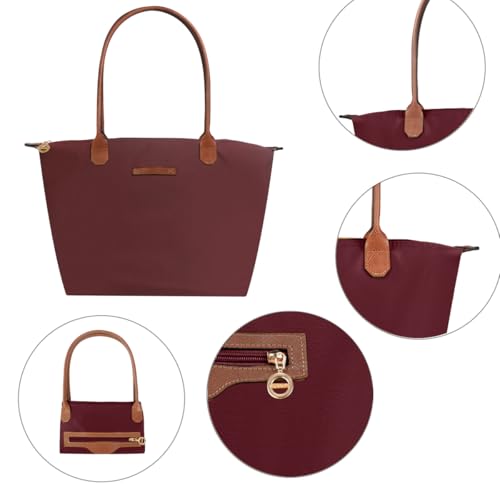 Waterproof Nylon Tote bag for Women Lightweight Designer Handbag with Zipper Stylish and Durable Purse - color: Wine Red, size: Large