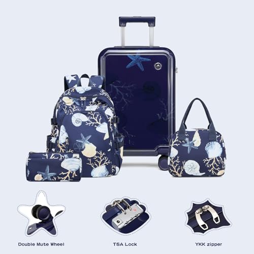 Somago 4 Piece Kid's Luggage with Backpack Set for Boys Girls Spinner 18" Hardside PC Rolling Carry on Suitcase with TSA Lock (Seashell Navy) - color: Seashell Navy, size: 4-Piece Set(BP/18inch)