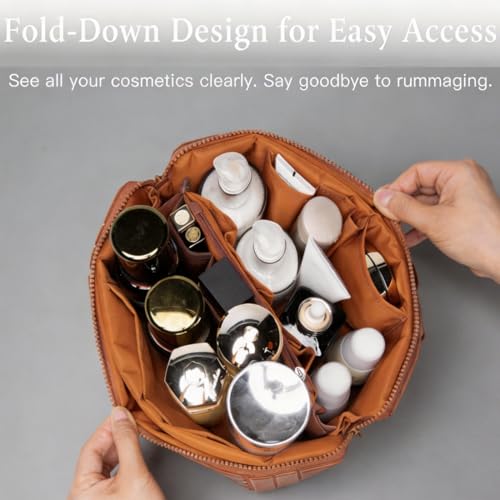 Travel Makeup Bag for Women - Large Capacity Waterproof Cosmetic Organizer with Fold Down & Pull Open Design, Toiletry Bag (Brown)