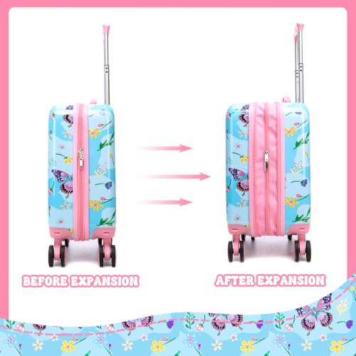 Kid's Hardshell Luggage Sets 4 Piece Rolling Suitcases with Wheels for Girls Women 16" Carry on Luggage Toddler Travel Suitcase Set - color: Pink Butterfly