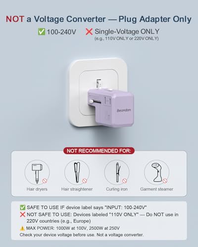 BEONDON Universal Travel Adapter 25W USB-C PD Charger Worldwide Plug - color: Purple-25