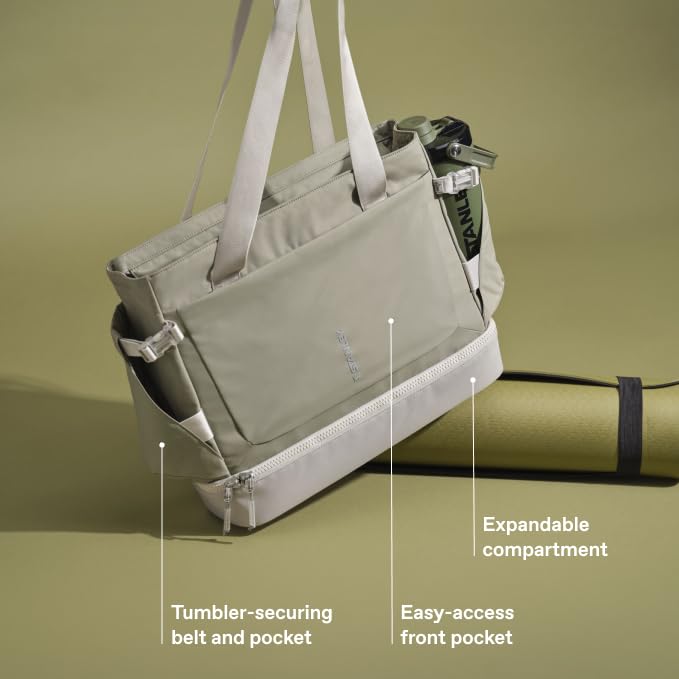 STANLEY Vitalize Tote| Gym, Work & Travel Bag with Laptop Sleeve | Expandable Bottom Compartment | Tumbler & Water Bottle Pockets | Durable Recycled Fabric | Sage Grey - color: Sage Grey, size: Tote