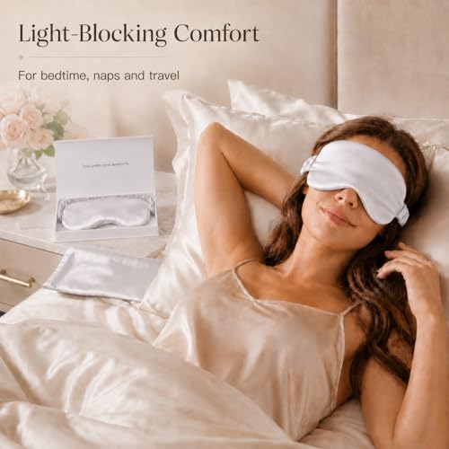 Silk Sleep Mask Light Blocking Luxury 100% Mulberry 19mm Silk Eye Mask Eye Cover Blindfold Ultra Soft Light & Comfy Anti Aging Skin Care with Travel Bag Gift Package - color: Silver