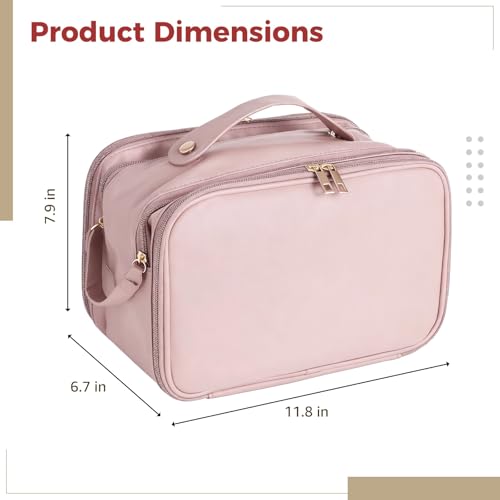 Travel Makeup Bag for Women, Large Capacity Cosmetic Organizer, Multi-Layer Toiletry Bag with Handle, Waterproof PU Leather Portable Makeup Zippered Case with Standing Brush Holder