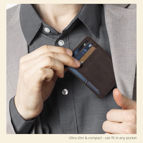Slim Leather Wallet for Men and Women - RFID Blocking Card Holder Compact - color: Dark Brown