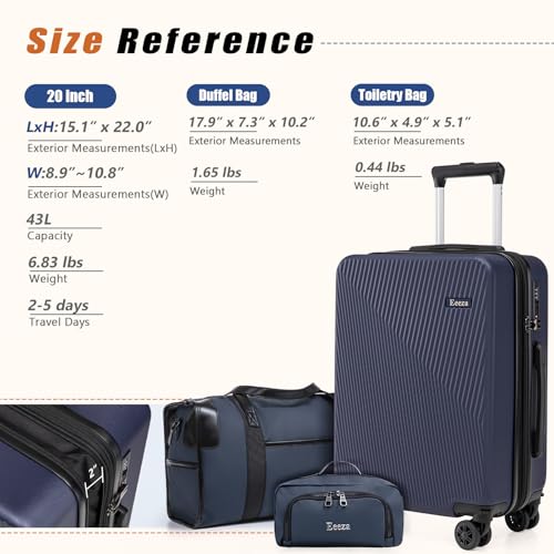 3 Piece Airline Approved Hardcase Carry on Luggage Set 20" Deep Blue | Scratch Resistant ABS Build with Ergonomic Telescopic Handle Smooth Spinner Wheels 22x14x9 Travel Set TSA Lock - color: PorscheBlue, size: 3 piece