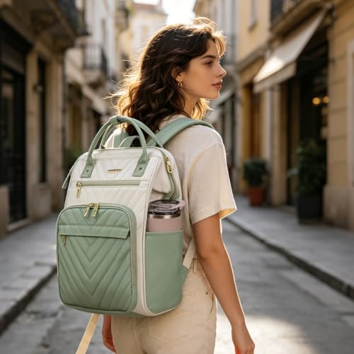 VANKEAN 17.3 Inch Laptop Backpack for Women Large Capacity - color: Beige-light Green, size: 17.3 Inch