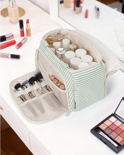 Narwey Travel Toiletry Bag for Women, Large Cosmetic Makeup Bag Organizer - color: Y-Mint Green Stripe
