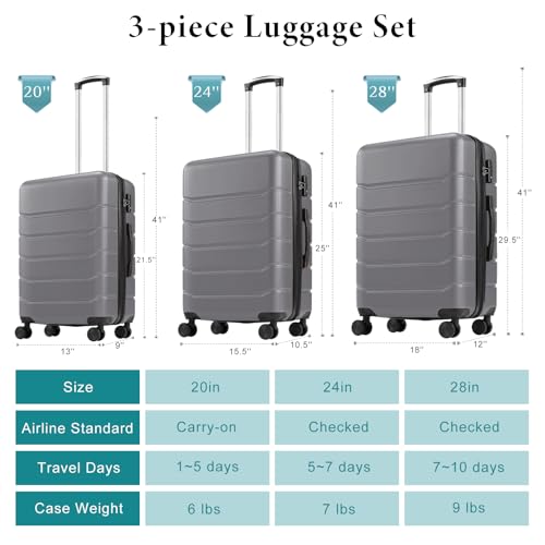 OLIXIS 3-Piece Luggage Set, Carry On Suitcases with Spinner Wheels, Expandable Travel Luggage with TSA Approved Lock & ABS Hard Shell, Deep Grey, 20/24/28 Inch - color: Deep Grey, size: 20/24/28IN