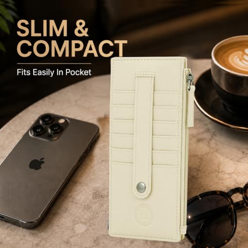 Leatherboss Genuine Leather Women's All in One Credit Business Card Case Holder Slim Zipper Wallet With a Card Protection Strap, Cream - color: Cream