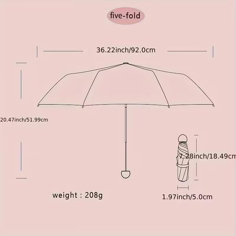 1-Pack 5-Fold Mini Umbrella, Compact Travel Umbrella with Case Strap Pink