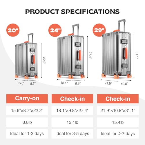 20 Inch All Aluminum Zipperless Carry On Luggage,Hard Shell Suitcase - color: Grey