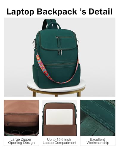 FADEON Laptop Backpack for Women, Vegan Leather 15.6 inch Computer bag - color: Dark Green Nubuck Style