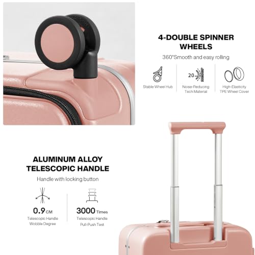mixi Carry On Luggage, 20'' Suitcase with Front Pocket, Travel Rolling Luggage Aluminum Frame PC Hardside with Spinner Wheels & TSA Lock and Cover - Pink - color: Pink, size: 20-inch