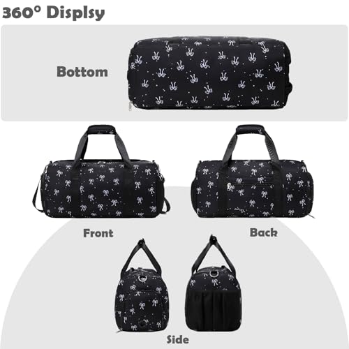 Kimwadalh Travel Duffle Bag with Wet & Shoe Compartments for Girls Women - color: Bow Black