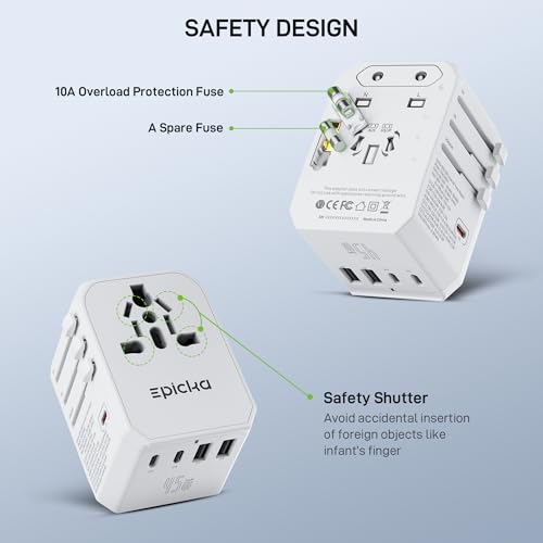 EPICKA 45W Universal Travel Adapter PD&QC, 1AC/3USB-C/2USB-A - style: 45W-5USB(3 USB-C) White