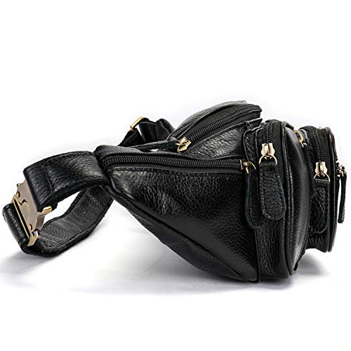 Genuine Leather Fanny Pack large capacity Crossbody Waist Bag with Zipper phone Pockets black - color: Black