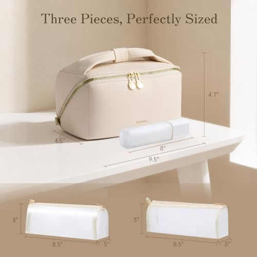 SHOWKOO Cosmetic Bag for Women, WideOpen Travel Makeup Bag with Compartment - color: Beige