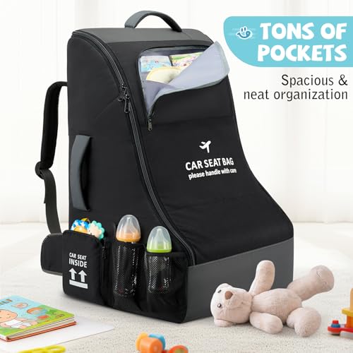 RAINSMORE Padded Car Seat Travel Bag for Airplane Car Seat Backpack, Black - color: Black