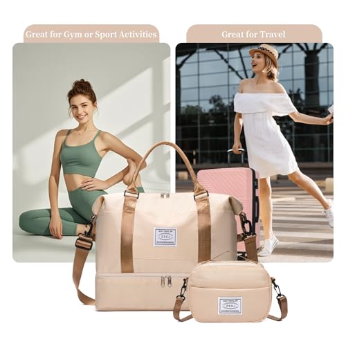Weekender Bags for Women Travel Duffle Bag with Shoes Compartment Overnight Carry On Bag with Toiletry Bag - color: B03-Khaki