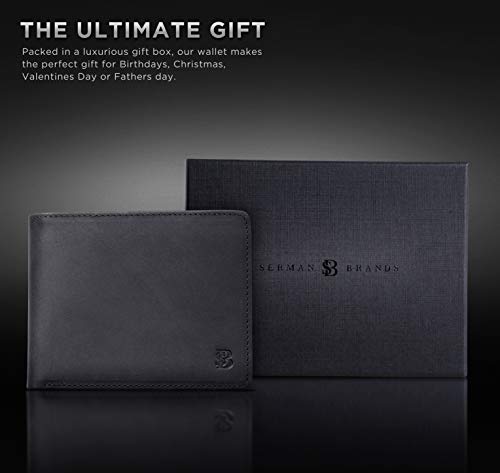 SERMAN BRANDS 2 ID Window Wallet for Men RFID Blocking Leather, Bifold Top Flip, Extra Capacity Travel Wallet - color: B. Charcoal Black Executive
