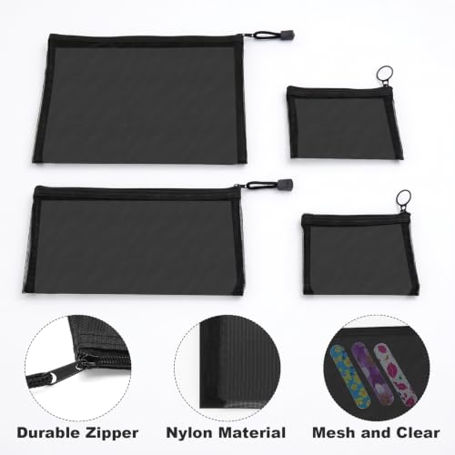 Mesh Bags with Zipper Set (4 Packs), Nylon Makeup Bag Cosmetic Pouches Travel Organizer Case for Purse Diaper Bag Home Organizing Black 2*Mini/1*Medium/1*Large - size: 4 Packs-Mix 3 Sizes