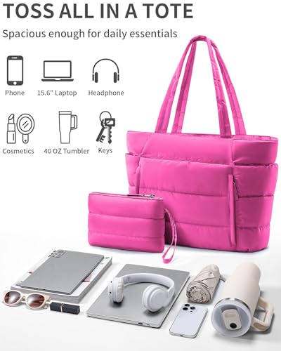 Bagstellar Puffer Tote Bag for Women, Lightweight Puffy Travel Gym Work Bag - color: Hot Pink