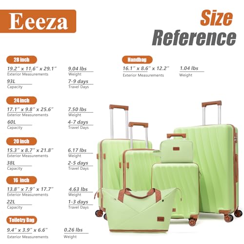 Eeeza Luggage Sets 6 Piece Suitcases (LightGreen,16"/20"/24"/28") - color: Light Green, size: 6 Piece Sets (16/20/24/28/DB/TB)